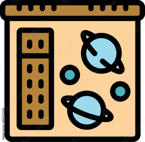 Futuristic control panel displaying orbiting planets and a remote controller, ideal for space exploration and scientific discovery