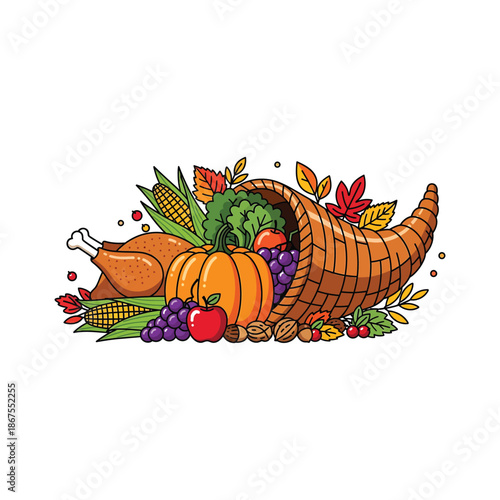 Abundant cornucopia overflowing with harvest fruits vegetables and a roasted turkey Keywords