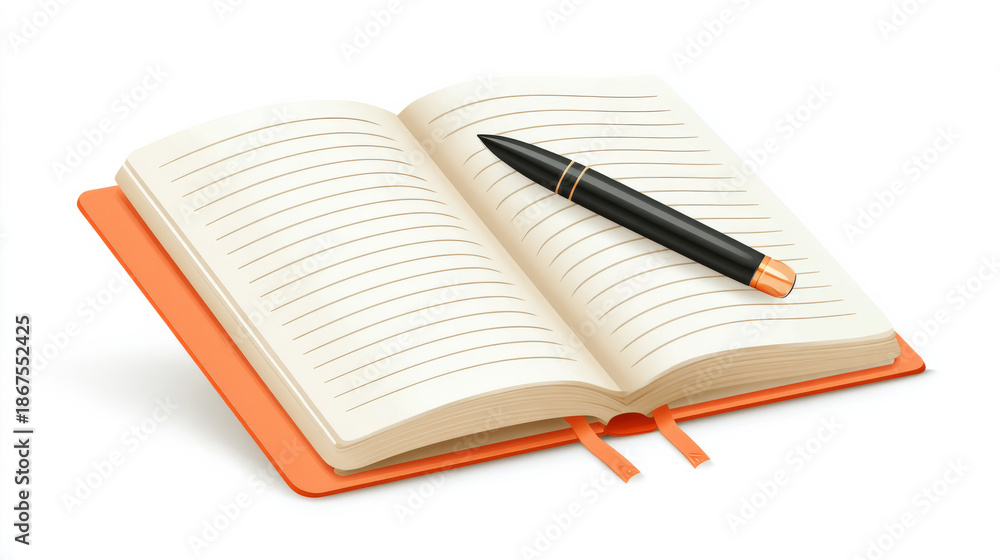 Naklejka premium Minimalist flat illustration of an open journal with pen on horizontal layout
