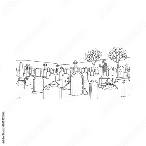 Cemetery scene with gravestones and trees in line style
