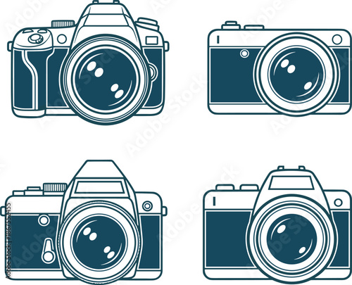 Collection of Flat Line Art Camera Icons Featuring DSLR Mirrorless and Vintage Analog Film Cameras for Photography Equipment Design Projects