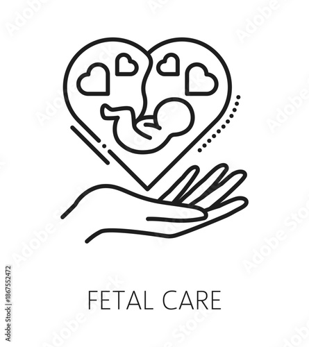 Fetal care gynecology, urinary medical line icon or pictogram. Reproductive healthcare icon, pregnancy health and fertility vector sign. Urinary health and gynecology symbol with fetal on woman hand