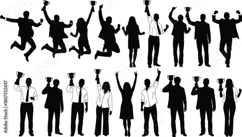 Set of Professional Business People Silhouettes Celebrating Success Holding Trophies Jumping and Cheering for Corporate Achievement and Winning Teamwork Marketing Projects