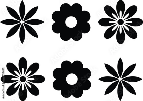 Three distinct black silhouettes of flowers. From left to right, the first flower has a star-like shape with eight petals radiating outwards