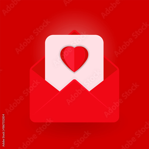 Love letter in red envelope icon. Valentine’s Day greeting card vector for marketing, wedding invitations, dating app graphics, and sentimental social media posts