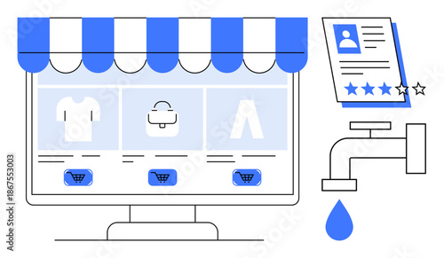 Digital storefront with product categories on a monitor, faucet indicates service flow, and user review with stars. Ideal for online shopping, customer feedback, digital services, user experience