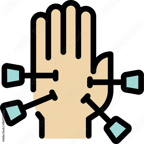 Cartoon open hand with needles sticking out representing acupuncture and pain relief treatment