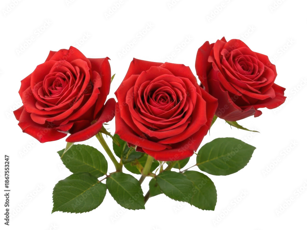Fototapeta premium Three vibrant red roses isolated on transparent background