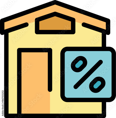 Warehouse building with percentage symbol, suggesting a special offer, discount, or promotion related to storage or logistics