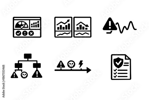 Scenario planning vector icon set featuring risk analysis, decision trees and future forecasting. Black flat icons ideal for enterprise tools, reports and strategic planning platforms.