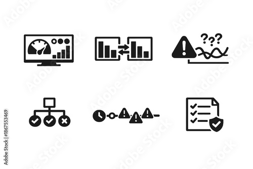 Risk forecasting icon set with scenario planning, uncertainty and mitigation symbols. Black flat vector icons with transparent background for risk dashboards and analytics UI.