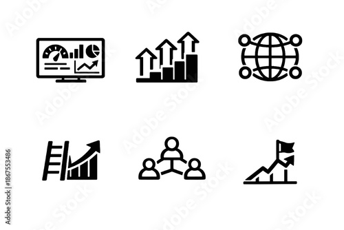 Business scaling vector icon set featuring KPIs, market expansion and enterprise growth analytics. Black flat icons ideal for executive dashboards, SaaS platforms and reports.