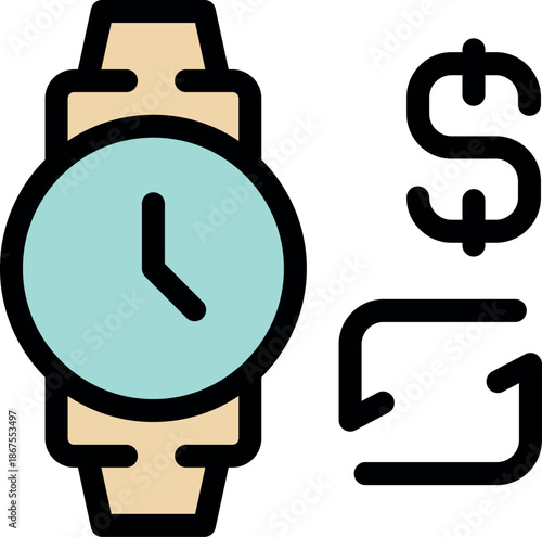 Wristwatch with repeating dollar symbol representing recurring payments and the concept of time and money