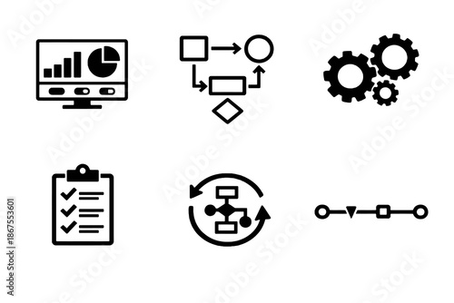 Business process vector icon set featuring operations management, workflows and performance tracking. Black flat icons ideal for enterprise dashboards and SaaS platforms.