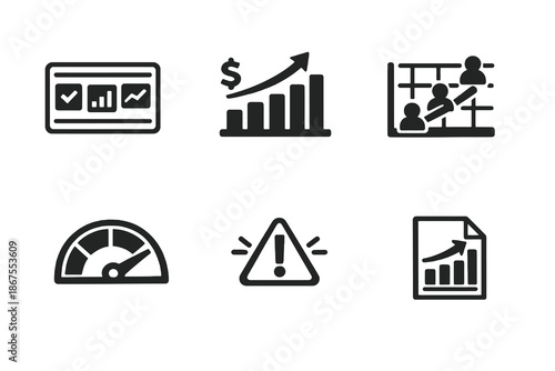 SaaS KPI icon set with performance metrics, revenue and engagement symbols. Black flat vector icons with transparent background for SaaS dashboards and analytics UI.