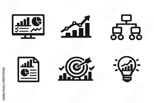 Business intelligence icon set with executive dashboards, KPIs and decision insights. Black flat vector icons with transparent background for BI tools and enterprise UI.