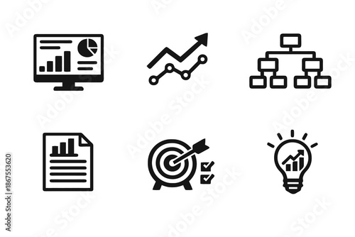 Executive analytics vector icon set featuring strategy, performance metrics and business insights. Black flat icons ideal for dashboards, reports and enterprise software.