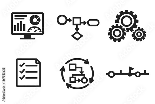 Enterprise operations icon set with workflows, processes and optimization symbols. Black flat vector icons with transparent background for business operations UI.