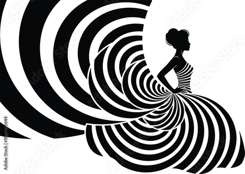 Elegant Fashion Silhouette of a Woman Wearing a Decorative Ball Gown with Abstract Black and White Optical Illusion Pattern Creative Vector Illustration