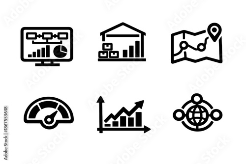 Logistics performance vector icon set featuring inventory tracking, delivery routes and supply networks. Black flat icons ideal for dashboards, SaaS tools and business analytics.