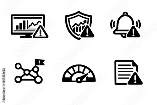 Finance risk and fraud analytics icon set with alerts, dashboards and protection symbols. Black flat vector icons with transparent background for fintech UI and risk platforms.