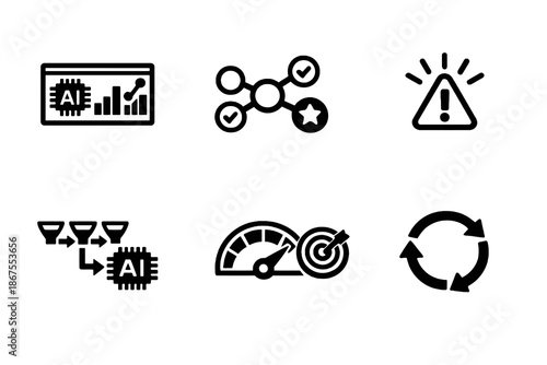 Model performance vector icon set featuring neural networks, alerts and lifecycle monitoring. Black flat icons ideal for MLOps tools, SaaS platforms and analytics interfaces.