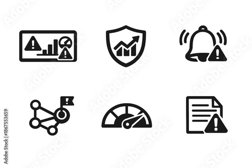 Risk management vector icon set featuring fraud detection, compliance and financial monitoring icons. Black flat icons ideal for dashboards, reports and enterprise software.