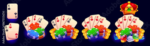 Casino poker game rank badges and gambling awards for jackpot bingo, vector set. Casino game ranking badges with poker cards and gambling chips with aces and golden crown with gems for bingo jackpot