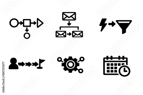 Automated marketing vector icon set featuring email flows, triggers and campaign scheduling. Black flat icons ideal for SaaS platforms, dashboards and digital marketing tools.