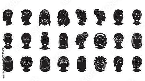 Black head silhouette avatars of anonymous male and female profiles. Default user icons for apps, contacts, and profile placeholders. Isolated vector portraits..eps