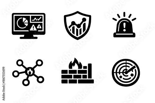 Threat monitoring vector icon set featuring alerts, firewalls and security analytics symbols. Black flat icons ideal for cybersecurity dashboards, reports and enterprise software.