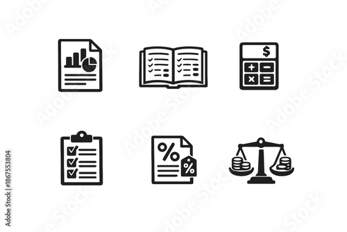Finance reporting and accounting icon set with reports, audits and balance symbols. Black flat vector icons with transparent background for accounting apps and dashboards.