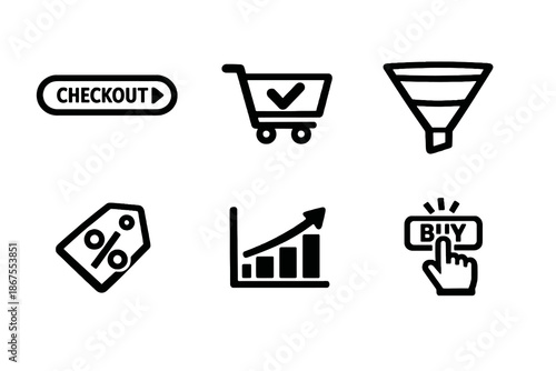 Ecommerce conversion icon set with checkout, funnel and sales optimization symbols. Black flat vector icons with transparent background for online store UI and dashboards.