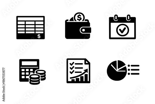 Budget management vector icon set featuring expense tracking, calculators and financial plans. Black flat icons ideal for personal finance tools, SaaS platforms and web interfaces.