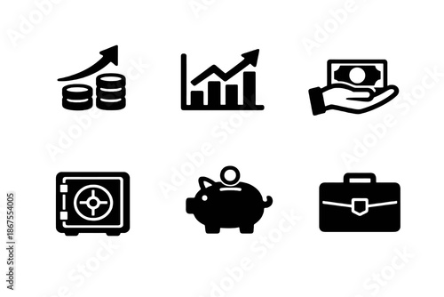 Finance and investment icon set with stocks, savings and growth symbols. Black flat vector icons with transparent background for fintech apps, dashboards and web platforms.