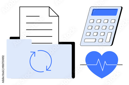 Data management, healthcare services, financial planning, analytics, record-keeping, digital documentation. Folder with document, calculator and heart with heartbeat. Data management and healthcare