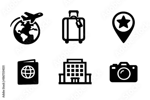 Travel and tourism icon set with airplane, hotel and destination symbols. Black flat vector icons with transparent background for travel apps, booking UI and websites.