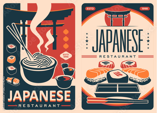 Retro Japanese cuisine food posters with steaming bowl of noodles and chopsticks, red torii gate, sushi nigiri, maki rolls, soy sauce and lanterns frame. Vector vintage posters for restaurant menu