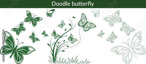 Doodle butterfly. Sketch flying butterflies with beautiful wings. Spring cartoon insects black silhouette. Elegant simple moth clipart. Vector isolated set