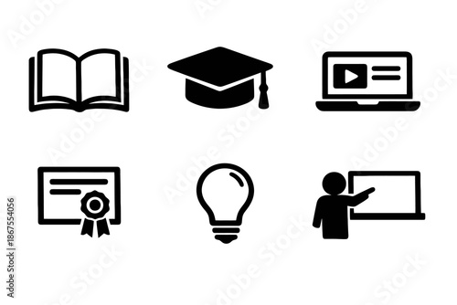 Education and online learning icon set with book, graduation and study symbols. Black flat vector icons with transparent background for e-learning apps, UI and websites.
