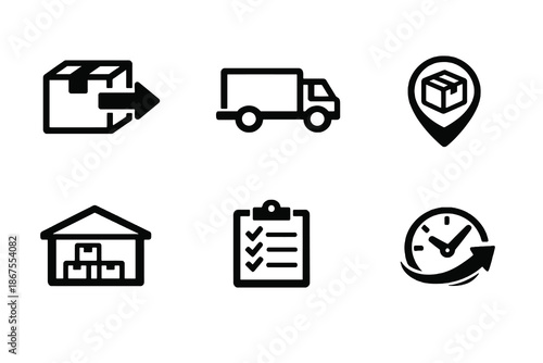 Delivery and logistics icon set with shipping, transport and package symbols. Black flat vector icons with transparent background for ecommerce, apps and logistics UI.