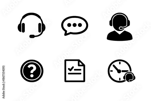 Customer service vector icon set featuring headset, tickets and assistance symbols. Black flat icons ideal for SaaS support systems, dashboards and web interfaces.