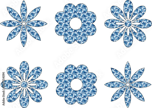 Three distinct black silhouettes of flowers. From left to right, the first flower has a star-like shape with eight petals radiating outwards