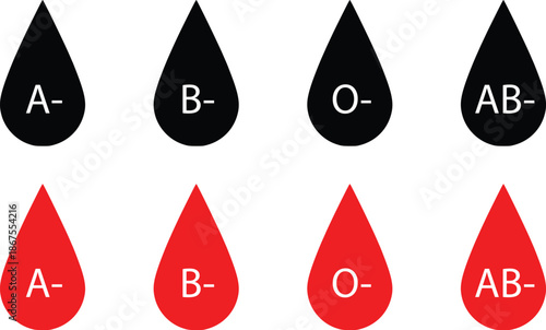Blood Group Drop Icon Set A B O AB Negative in Black and Red