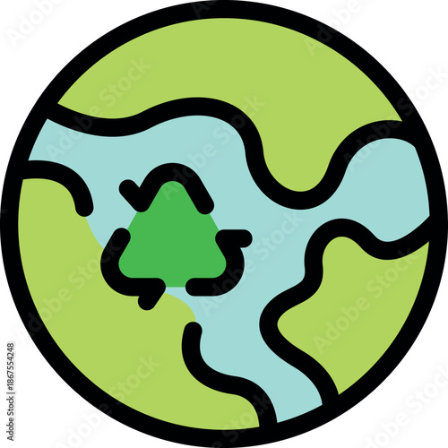Green recycling symbol superimposed on planet earth, highlighting global environmental sustainability and waste reduction
