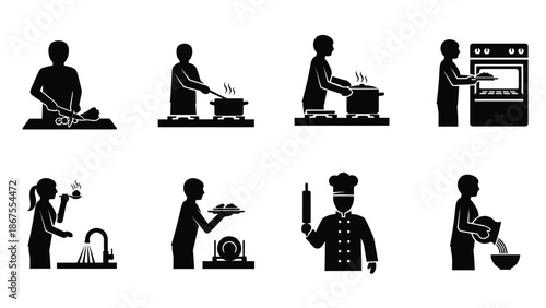 Collection of black and white pictogram icons illustrating various stages of food preparation cooking cleaning serving and professional culinary tasks in a kitchen environment