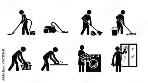 Collection of black and white stick figure icons representing various household cleaning tasks including vacuuming mopping sweeping washing laundry and wiping surfaces diligently