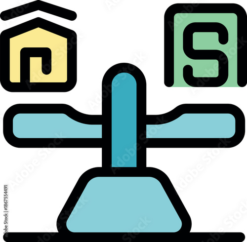 Scale weighing house and money representing property value, mortgage, and investment in the real estate market