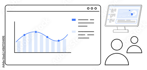 Data analysis, team collaboration, business strategy, digital dashboard, analytics, productivity tools. Graph with trendline and bar chart displayed on a screen. Data analysis and business strategy