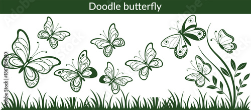 Doodle butterfly. Sketch flying butterflies with beautiful wings. Spring cartoon insects black silhouette. Elegant simple moth clipart. Vector isolated set